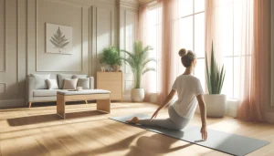 🧘‍♀️ 「40代・50代のためのピラティスセッション」 明るく落ち着いたスタジオで、ピラティスの基本動作に取り組む姿を表現。自然光と木の温もりが、リラックスした雰囲気を演出し、健康的なライフスタイルを象徴しています。