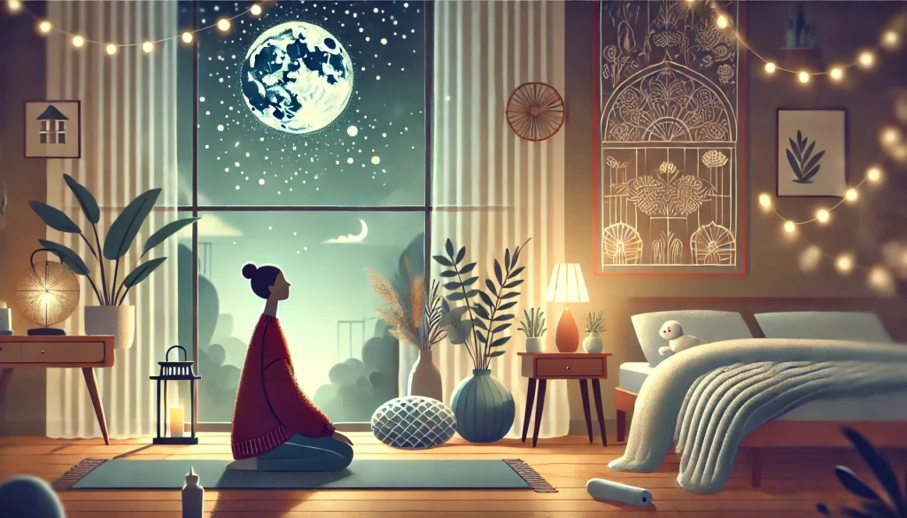 「ピラティスと睡眠の関係」 🌙
→ 深い呼吸を通じてリラックスし、睡眠の質を向上させるイメージ。心を落ち着かせる静かなスタジオで、穏やかな雰囲気を演出。