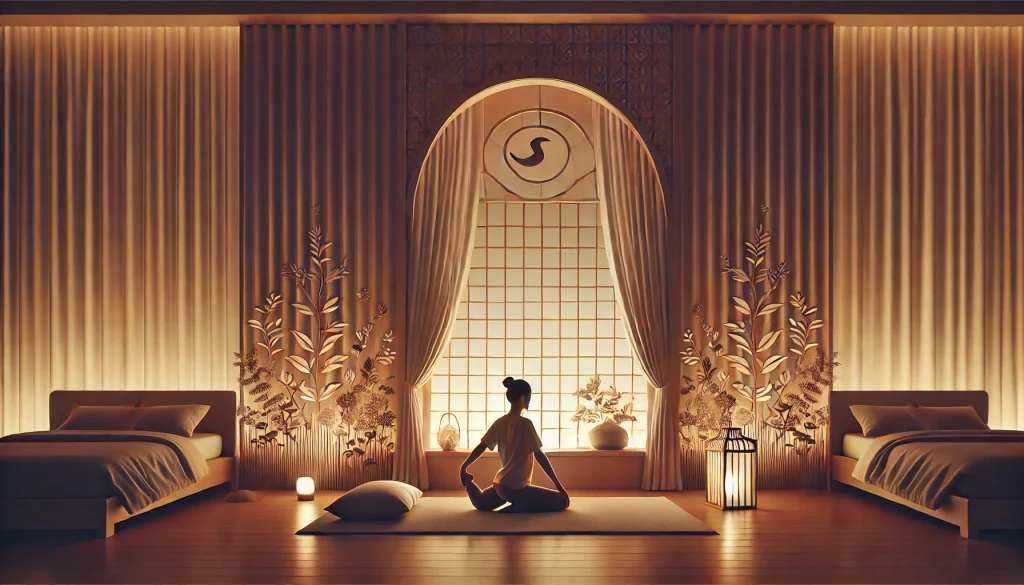「寝る前のストレッチピラティス」 🧘♀️
→ 心身をリラックスさせるための穏やかなストレッチを行う様子。快眠を促す落ち着いた環境が特徴。