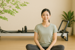 5月の爽やかな雰囲気を感じさせるピラティススタジオで、若い東アジア系の女性が落ち着いた表情で座っている様子。背景には新緑の観葉植物やリフォーマーが映り、姿勢と呼吸を整える穏やかな時間をイメージさせる一枚。豊橋のピラティススタジオkotipilatesの静かで心地よい空間を象徴するビジュアル。