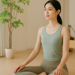 5月の柔らかな自然光が差し込む豊橋のピラティススタジオで、若い東アジア系の女性が落ち着いた表情であぐらをかき、姿勢を整えて座っている様子。背景には観葉植物とリフォーマーが映り、季節感と穏やかな空気感が伝わる、美姿勢をイメージした一枚。