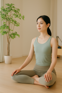 5月の柔らかな自然光が差し込む豊橋のピラティススタジオで、若い東アジア系の女性が落ち着いた表情であぐらをかき、姿勢を整えて座っている様子。背景には観葉植物とリフォーマーが映り、季節感と穏やかな空気感が伝わる、美姿勢をイメージした一枚。