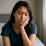 「ベッドに座り、頬に手を当てて疲れた表情を浮かべるアジア人女性。眠りの浅さや不調を訴えている様子が伝わる室内シーン。」