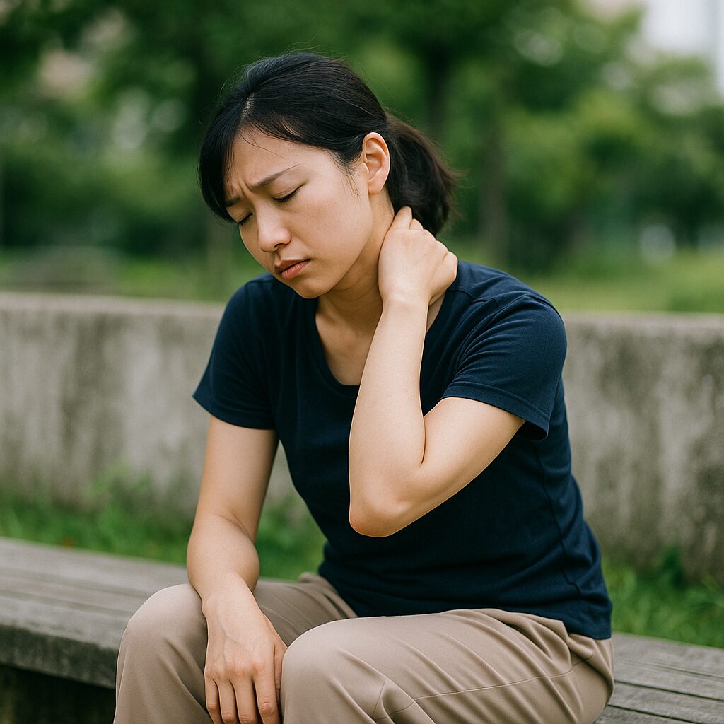 「屋外のベンチに座り、首元に手を当てて疲れた表情を浮かべるアジア人女性。姿勢の乱れと不調を示唆する構図。」