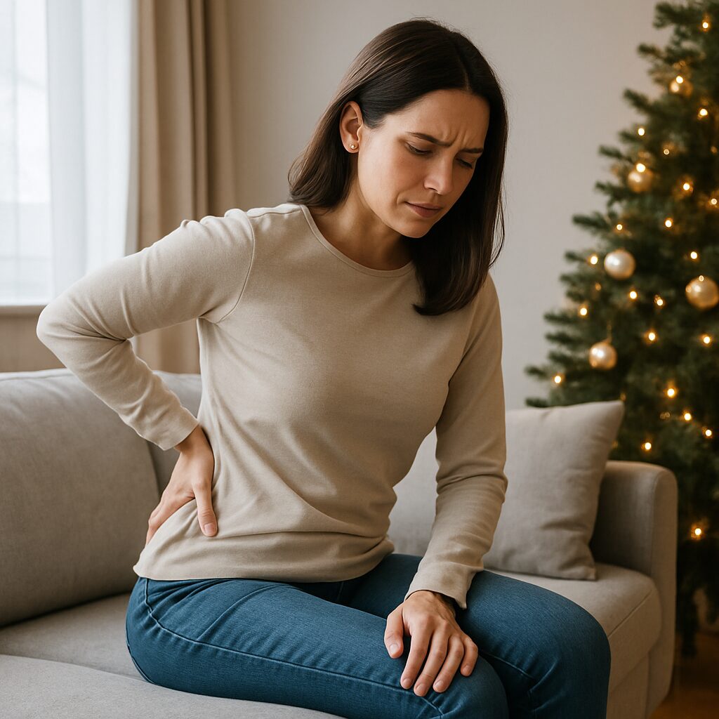 ソファに座り、冬の室内で腰に痛みを感じて手を当てる女性の写真。年末に増える腰痛や反り腰・猫背の不調をイメージした構図。