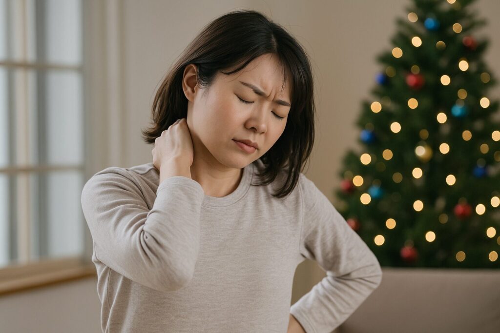 冬の室内で首や肩のこりに悩む女性が肩に手を当てている様子。寒さによる肩こりや姿勢の変化をイメージした写真。