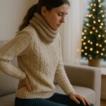 冬の室内でソファに座り、背中から腰にかけて違和感を感じて手を当てる女性の写真。忙しい12月に起きやすい姿勢の乱れや呼吸の浅さを表現した構図。