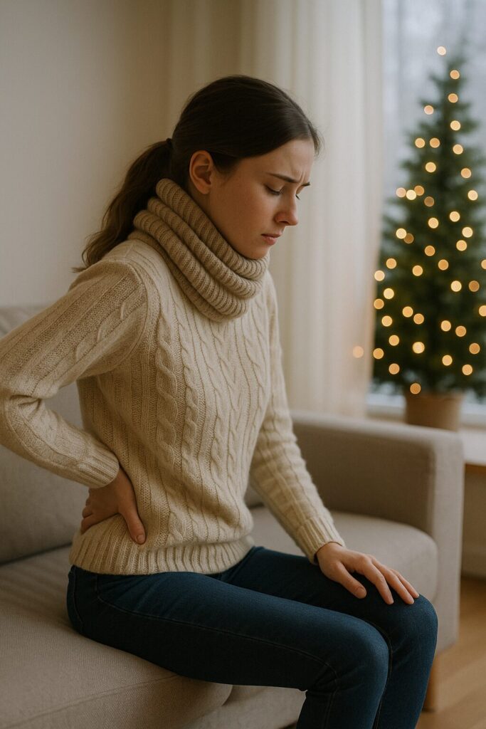 冬の室内でソファに座り、背中から腰にかけて違和感を感じて手を当てる女性の写真。忙しい12月に起きやすい姿勢の乱れや呼吸の浅さを表現した構図。