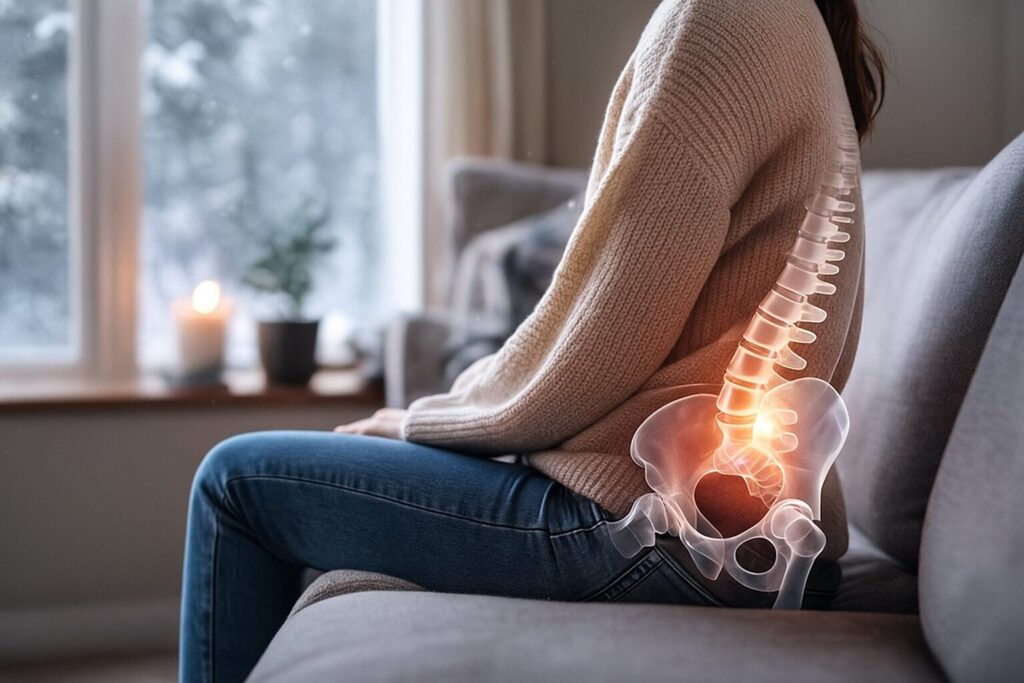 冬の室内でソファに座り、骨盤が後ろへ倒れた姿勢になっている女性。座りすぎや寒さで骨盤が立ちにくくなる状態を表した写真。