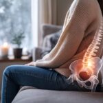 冬の室内でソファに座り、骨盤が後ろへ倒れた姿勢になっている女性。座りすぎや寒さで骨盤が立ちにくくなる状態を表した写真。