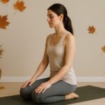 朝の光が差し込むスタジオで、女性がマットの上で深呼吸をしている様子。呼吸に意識を向けるピラティスの時間。